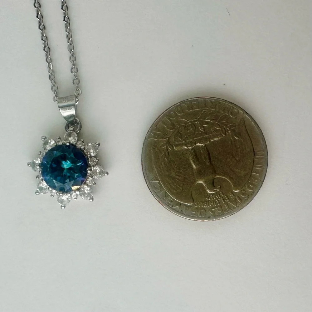 Crystal & Sterling Halo Glittering Starburst Pendant w Adjustable 925 17” Chain